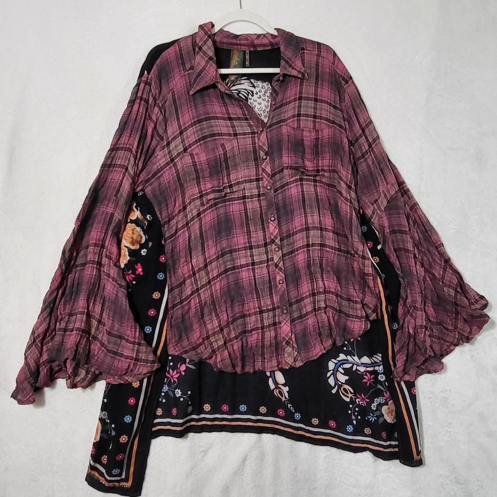 Aratta Shirt Womens Large Pink Plaid Bird Floral Boho Tunic Bell Sleeve Top - Picture 5 of 14
